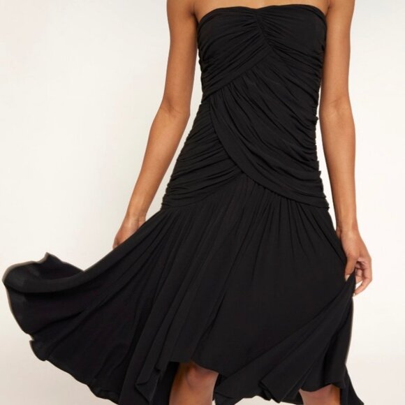 Joie Vivienne Black Strapless Ruched Midi Dress Size 4 Asymmetric Hem 4 - Picture 7 of 9
